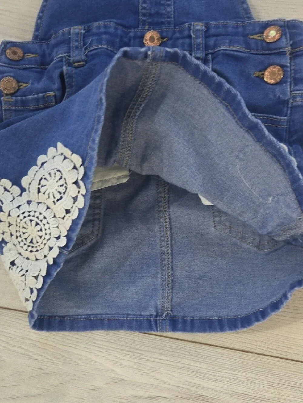 Soho Blue Denim Pinafore Skirt with White Lace Trim
